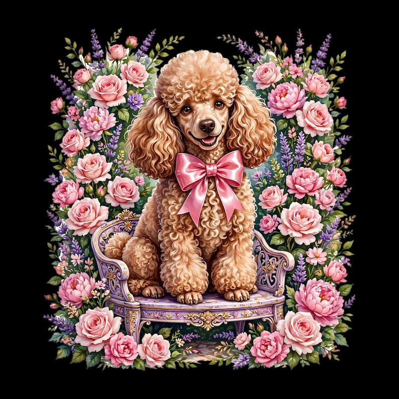 Peut inclure: Un caniche abricot aux poils bouclés est assis sur un banc décoratif lavande, portant un grand nœud en satin rose autour du cou. Le chien est entouré d'un arrangement dense de roses roses épanouies et de brins de lavande sur fond noir.