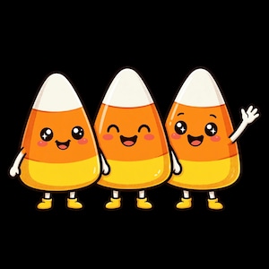 May include: Three cartoon candy corn characters standing side by side against a black background. Each piece of candy corn has a white top, orange middle, and yellow base, with smiling faces, small arms, and yellow boots.