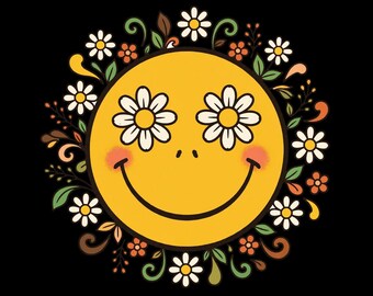 May include: A yellow smiley face graphic with white daisy flowers as eyes, a curved black mouth, and soft pink cheeks. The face is surrounded by a circular arrangement of white daisies, small orange flowers, green leaves, and brown swirling stems.