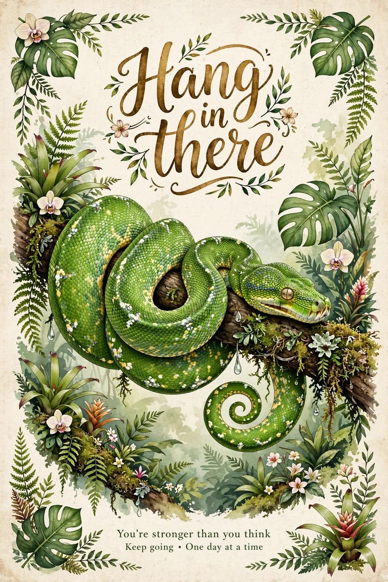 Puede incluir: Un p&oacute;ster vertical con una serpiente verde enroscada en una rama cubierta de musgo, rodeada de helechos tropicales y orqu&iacute;deas. El texto dice Hang in there arriba y You're stronger than you think. Keep going. One day at a time abajo.