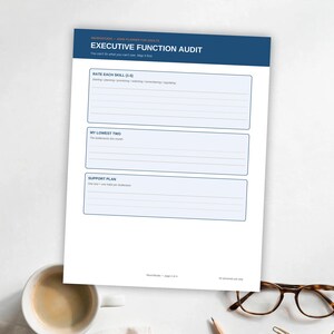Puede incluir: Una hoja de papel blanca titulada Executive Function Audit con un encabezado azul oscuro. Incluye tres secciones para calificar habilidades, identificar las dos más bajas y crear un plan de apoyo, con espacios rayados para notas.