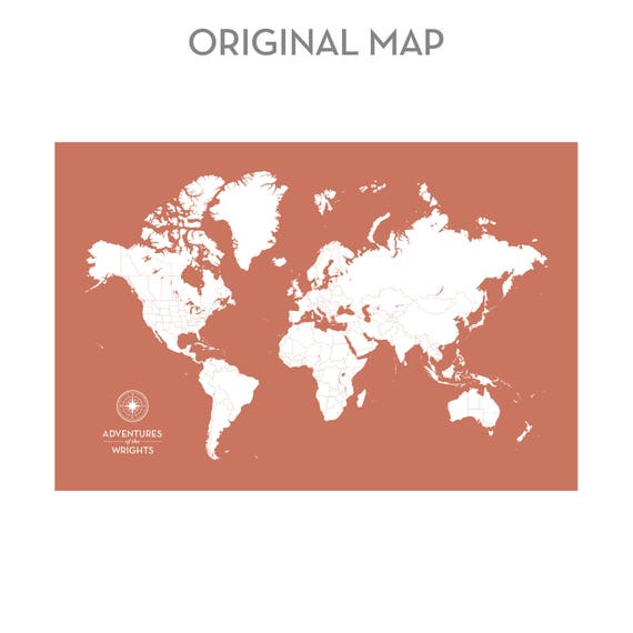 push pin world map labeled terra world travel map with pins etsy
