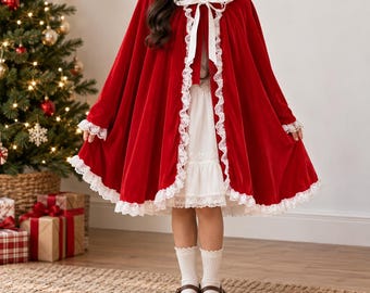 Roter Samtumhang mit Kapuze und Spitzenbesatz, Märchen-Cosplay-Umhang (80 cm/130 cm)
