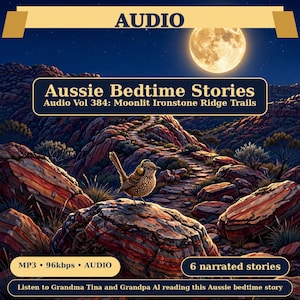 May include: A digital audio file cover titled Aussie Bedtime Stories, Audio Vol 384: Moonlit Ironstone Ridge Trails. It features a small bird wearing headphones perched on a red-striped rock under a full moon, with 6 narrated stories.