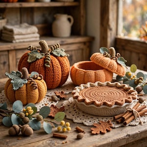 May include: A collection of handmade crochet items including two pumpkins with green leaves and curly vines, a lidded pumpkin-shaped container, and a round pie with a crimped crust, accented by crocheted leaves, acorns, and cinnamon sticks.