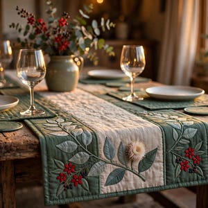 May include: A quilted table runner and matching placemats in sage green and cream, featuring embroidered botanical motifs of leaves, red berries, and a central flower. The set is arranged on a rustic wooden table with glassware and plates.