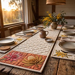 Könnte beinhalten: Ein gesteppter Tischläufer und passende Platzsets aus cremefarbenem Stoff mit gestickten orangefarbenen und rosafarbenen Blumenmotiven. Das Set enthält runde Korkuntersetzer, Keramikteller und Metallbesteck auf einem rustikalen Holztisch.