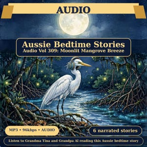 May include: A digital audio cover titled Aussie Bedtime Stories Audio Vol 309: Moonlit Mangrove Breeze featuring a white heron wearing headphones standing in a mangrove swamp under a full moon with fireflies and crabs. Text includes MP3 96kbps AUDIO, 6 narrated stories, and Listen to Grandma Tina and Grandpa Al reading this Aussie bedtime story.