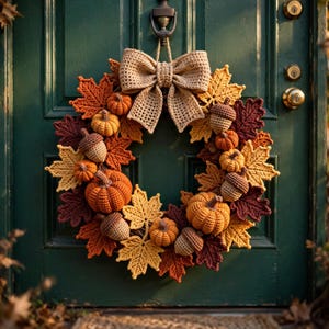 Patrón de ganchillo para corona de otoño, vol. 1 / Corona de puerta con hojas de arce, mini calabazas, bellotas y gran lazo / PDF de otoño
