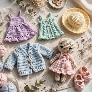 May include: A collection of handmade crochet items including a lavender dress, a mint green dress with two buttons, a pale yellow sun hat, a light blue long-sleeve cardigan with three buttons, a doll in a pink dress, and pink baby shoes.