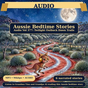 May include: An audio file titled Aussie Bedtime Stories Audio Vol 377: Twilight Outback Dawn Trails featuring a cartoon kangaroo wearing gold headphones on a red dirt path under a full moon. Includes 6 narrated stories in MP3 96kbps.
