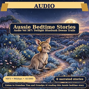May include: An audio digital file titled Aussie Bedtime Stories Audio Vol 387: Twilight Bluebush Downs Trails. It features a brown kangaroo wearing gold headphones in a blue-toned landscape with a full moon and 6 narrated stories.