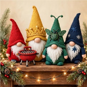 May include: Four knitted gnomes with white beards and tall pointed hats in red, yellow, green, and blue. The yellow gnome wears a crown, the green one has a beetle ornament, and the blue one features star embroidery. A red grill sits in front.
