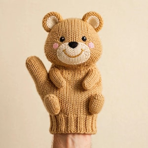 May include: A tan knitted hand puppet shaped like a bear with a cream-colored muzzle, black embroidered eyes and nose, a gold stitched smile, and small pink embroidered cheeks. The puppet features a ribbed cuff at the base.