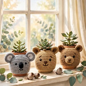 May include: Three terracotta plant pots covered in crocheted animal cozies. One is a gray koala, one is a light brown bear, and one is a darker brown bear. Each pot contains a small green succulent plant, arranged in a row on a windowsill.