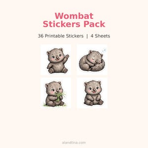 May include: Wombat Stickers Pack, 36 Printable Stickers, 4 Sheets. Four illustrations of brown, furry wombats: one waving, one sleeping with Zs, one eating green grass, and one sitting and smiling. Text reads Wombat Stickers Pack.