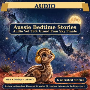May include: A digital cover for Aussie Bedtime Stories Audio Vol 390: Grand Emu Sky Finale. It features a fluffy emu chick wearing gold headphones against a starry night sky with a full moon, plus text indicating 6 narrated stories.