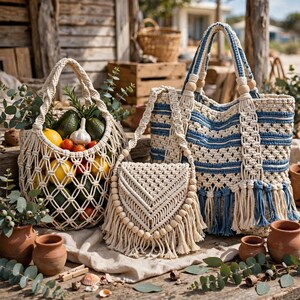 May include: A collection of three macrame bags: a cream-colored net market bag filled with avocados, lemons, and garlic; a small cream-colored crossbody bag with wooden beads and fringe; and a large cream and blue striped tote bag with fringe.
