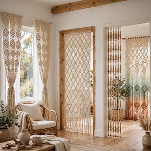May include: A collection of off-white macrame curtains featuring diamond patterns, a beaded string curtain, and a gradient macrame curtain transitioning from green to orange, all hanging in a room with wooden door frames.