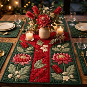 May include: A dark green quilted table runner featuring embroidered red protea flowers and red bottlebrush stems. The runner is centred on a wooden table with matching green placemats, clear glassware, and two lit candles in glass holders.