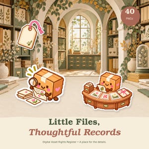 May include: A digital asset collection featuring pixel art stickers of a brown box character examining mail and working at a desk, set against a library background with text reading Little Files, Thoughtful Records and 40 PNGs.