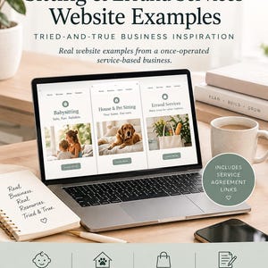 May include: A digital resource titled ChloBridge Business Resources featuring Sitting & Errand Services Website Examples. The image displays a laptop screen showing three website layouts for babysitting, pet sitting, and errand services.
