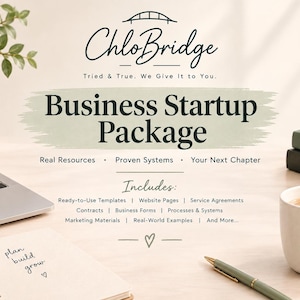 May include: A digital graphic for a Business Startup Package by ChloBridge. The text includes Tried & True. We Give It To You., Real Resources, Proven Systems, Your Next Chapter, and a list of inclusions like Ready-to-Use Templates and Contracts.