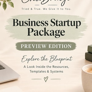 May include: A digital document titled ChloBridge Business Startup Package Preview Edition. The text includes Tried & True. We Give It to You., Explore the Blueprint, A Look Inside the Resources, Templates & Systems, and plan build grow.