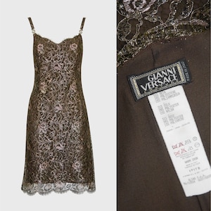 GIANNI VERSACE 1996 Vintage Metallic Brown Lace Evening Mini Dress w/ Medusa Straps 1990s Cocktail Party Dress Size XS