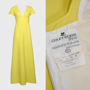 COURRÈGES Couture Future 1960s 1970s Vintage Lemon Yellow Maxi Dress Gown V-Neckline Full Length Skirt Mod Space Age Size XS-Small US 2-4-6