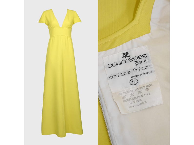 May include: A bright yellow maxi dress with a V-neckline and short sleeves. The dress has a fitted bodice and a flowing skirt. A tag reads "courreges paris couture future made in France".