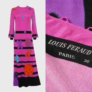 LOUIS FÉRAUD 1960s 1970s Vintage Magenta Pink Psychedelic Print Maxi Evening Dress Gown Size Small D 36