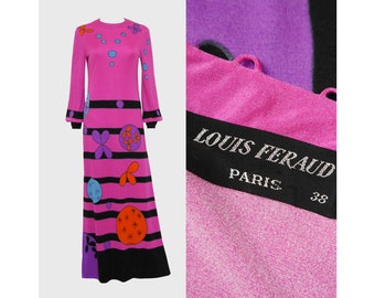 LOUIS FÉRAUD 1960s 1970s Vintage Magenta Pink Psychedelic Print Maxi Evening Dress Gown Size Small D 36