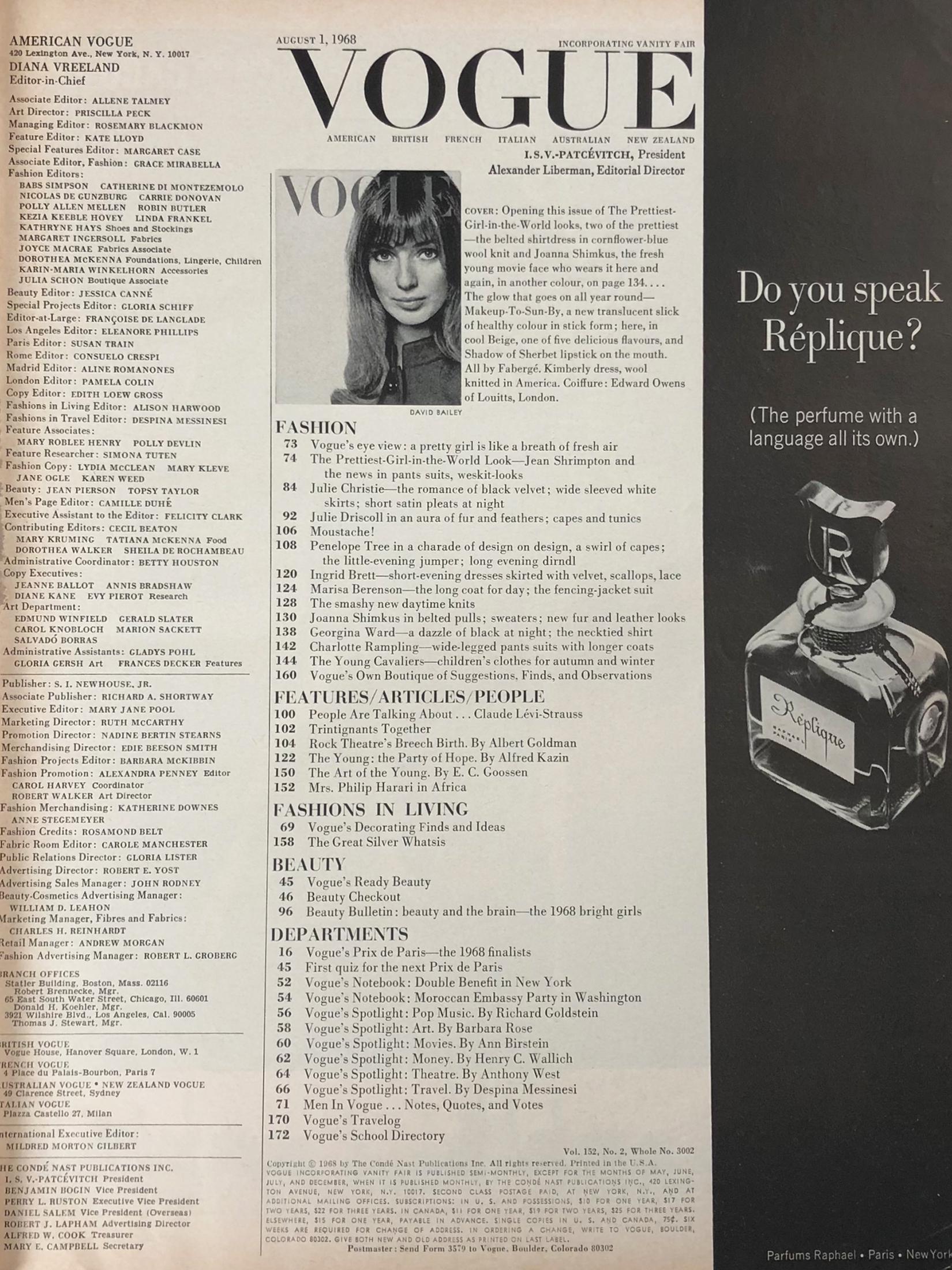 VOGUE US 1968年8月1日号 ヴィンテージファッション雑誌 1960年代