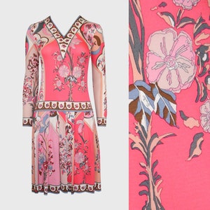 EMILIO PUCCI 1960s Vintage Pink Floral Signature Print Silk Jersey Dress Size XS Us 2-4
