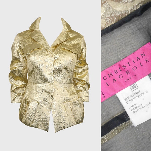 CHRISTIAN LACROIX Fall 1999 Vintage Sculptural Metallic Gold Brocade Evening Jacket 1990s Couture Size XS Us 2-4