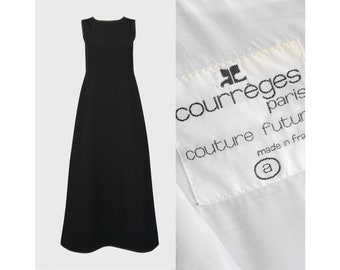 COURRÈGES Couture Future 1960s 1970s Vintage Black Maxi Evening Dress Minimalist Gown w/ Faux Leather Edges Size Small US 6