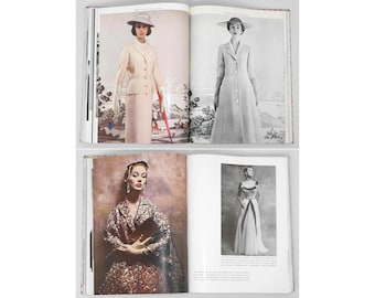 May include: An open book with black and white photographs of women wearing different dresses and hats. The book is open to a page with a photo of a woman wearing a white dress and a hat.
