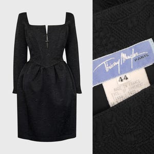 THIERRY MUGLER 1990s Vintage Black Jacquard Cocktail Evening Dress w/ Silver Embellishment Tulip Skirt Square Neckline Size Large US 10