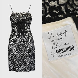 MOSCHINO Vestido de cóctel vintage de encaje negro de los años 90 y 2000 con minilazos, económico y elegante. Talla XS-Small (EE. UU.): 2-4-6