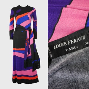 LOUIS FÉRAUD 1960s 1970s Vintage Psychedelic Graphic Print Maxi Dress & Fringed Scarf Size XS Us 2-4