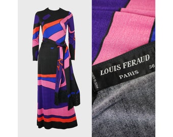 LOUIS FÉRAUD 1960s 1970s Vintage Psychedelic Graphic Print Maxi Dress & Fringed Scarf Size XS Us 2-4