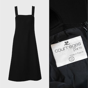 COURRÈGES 1960s 1970s Vintage Black Wool Space Age Mod Strappy Dress w/ Glossy Snap Buttons Size XXS Us 0-2