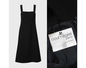 COURRÈGES Abito vintage anni '60/'70 in lana nera stile Space Age Mod con spalline sottili e bottoni a pressione lucidi Taglia XXS US 0-2