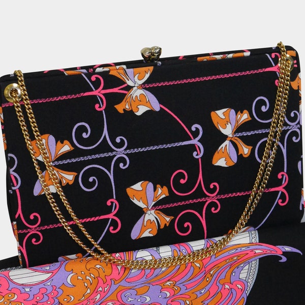 RESERVED --- EMILIO PUCCI Vintage Evening Bag & Silk Scarf Set Birds Bows Fantasy Print Signature Print Handbag Shoulderbag Clutch