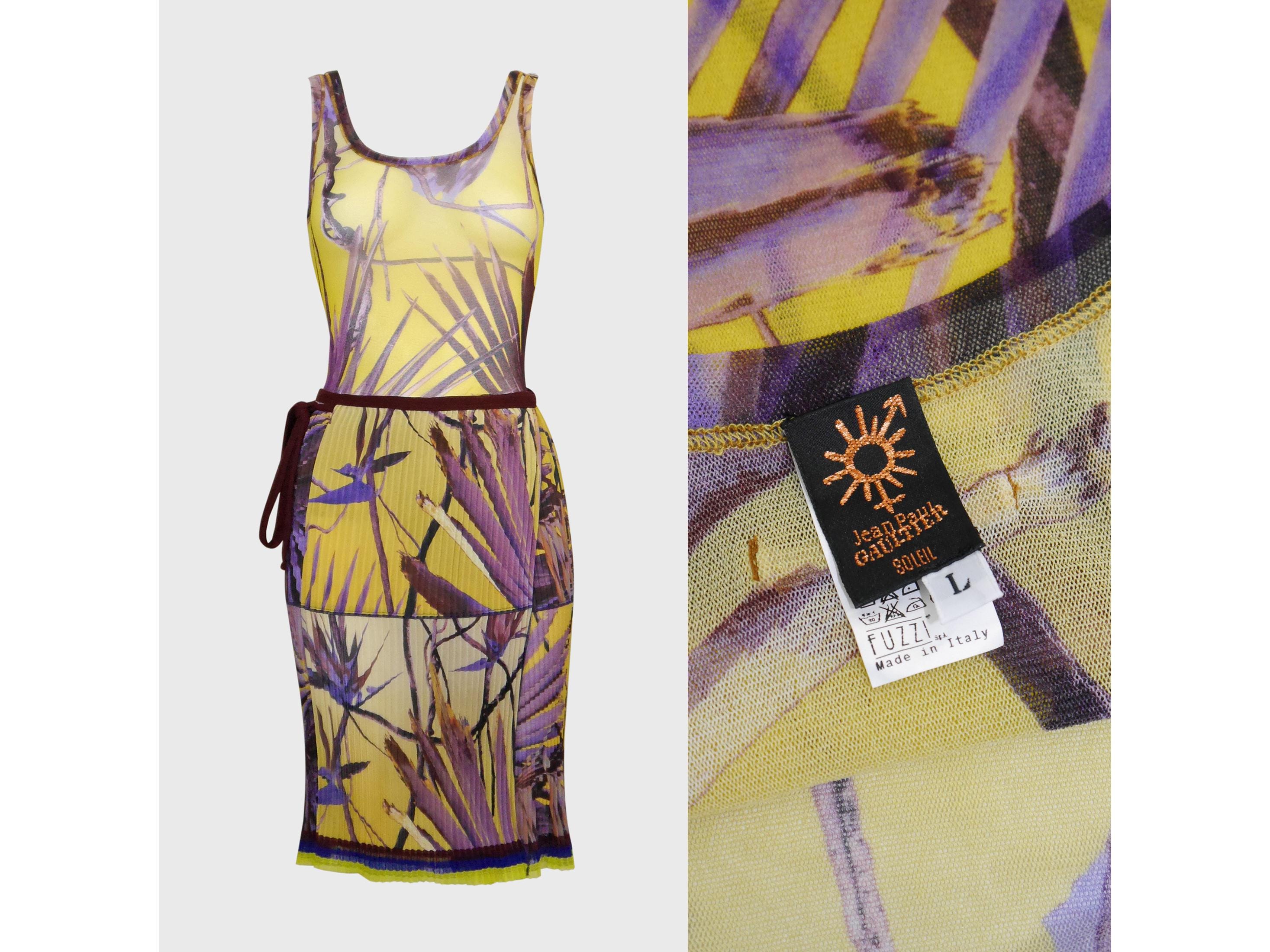 Jean Paul Gaultier 1990s 2000s Vintage Palm Print Mesh Tank Top & Pleated Wrap Skirt Yellow Purple Size Large US 10