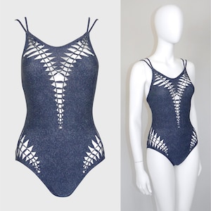 CHRISTIAN DIOR by John Galliano Spring 2001 Vintage Swimsuit w/ Cutouts Denim Swimwear Bikini One-Piece Y2K 2000s Beachwear Size Medium US 8