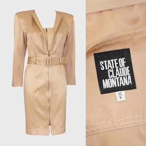 CLAUDE MONTANA 1990s Vintage Gold Bodycon Mini Dress & Cropped Jacket w/ Belt Padded Shoulders Suit Set Emsemble Size Small US 6
