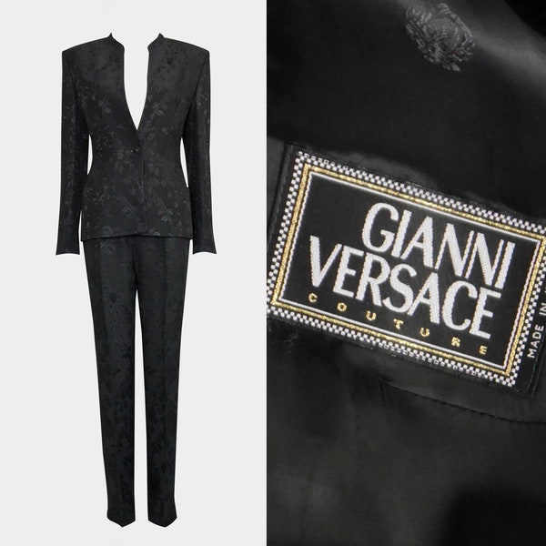 GIANNI VERSACE Couture 1990s 2000s Vintage Floral Jacquard Pants & Jacket Suit Black Blazer Medusa Head Buttons Size Small US 6