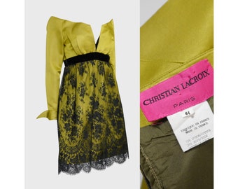 CHRISTIAN LACROIX automne 1991 vintage chartreuse robe de soirée cocktail soie dentelle velours des années 1990 robe grande taille US 10